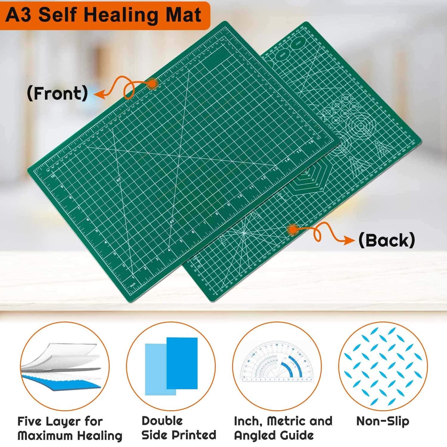 Anezus Self Healing Cutting Mat A3 Size - PVC Craft Cutting Board - Green
