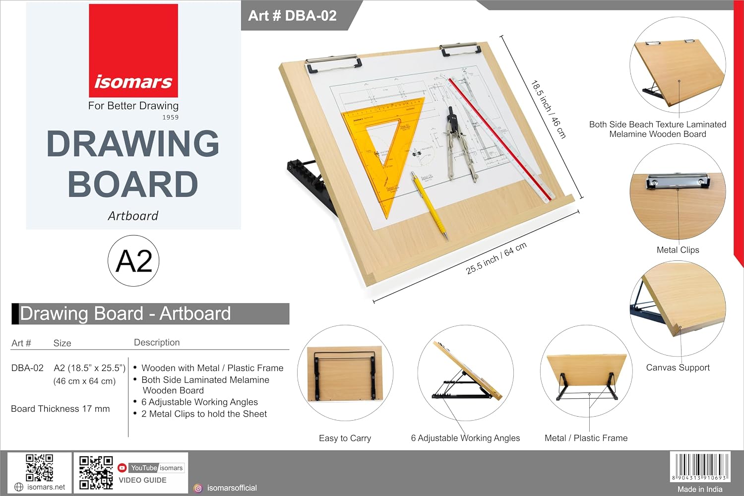 Isomars Foldable Drawing & Drafting Board with Clips