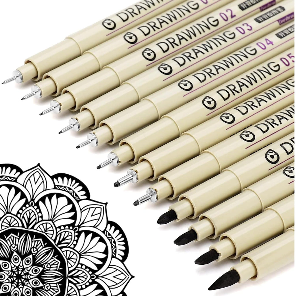 Tusmad Fine Liner Pens Set - 12 Pieces - Waterproof Black Drawing & Calligraphy Pens (0.05mm–3.0mm)