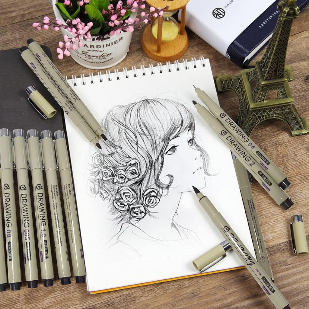 Tusmad Fine Liner Pens Set - 12 Pieces - Waterproof Black Drawing & Calligraphy Pens (0.05mm–3.0mm)