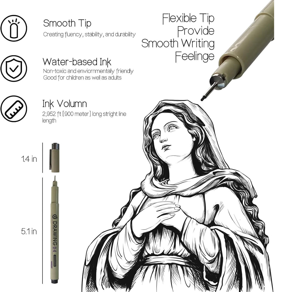 Tusmad Fine Liner Pens Set - 12 Pieces - Waterproof Black Drawing & Calligraphy Pens (0.05mm–3.0mm)